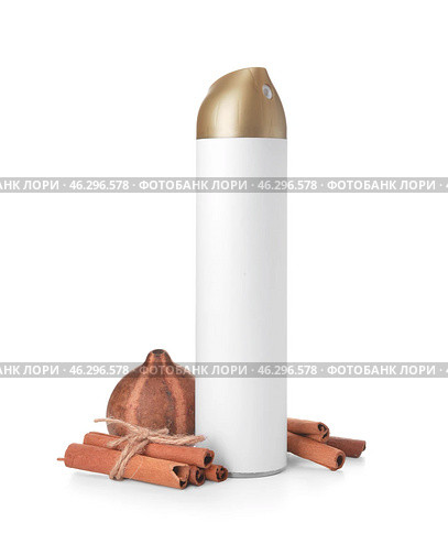 Bottle of air freshener and cinnamon on white background. Стоковое фото, фотограф Pixel_shot / Фотобанк Лори