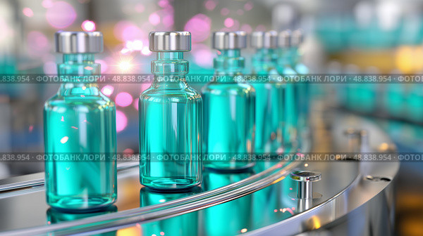 Bottles of turquoise liquid moving along a conveyor belt in a pharmaceutical production facility. Стоковое AI-изображение, AI-художник Сергей Толмачёв / Фотобанк Лори