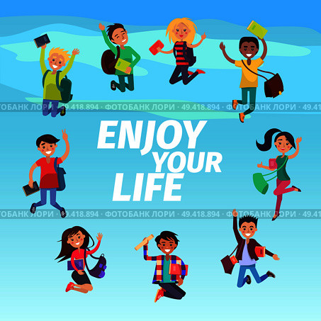 Bouncing students hovering in sky enjoy your life on blue background. Young people with backpack or school bag, textbook or interesting imaginative literature. Vector illustration cartoon style.. Bouncing Students Hovering in Sky Enjoy Your Life. Стоковая иллюстрация, агентство Ingram Publishing / Фотобанк Лори