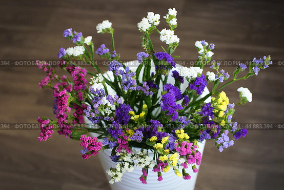 Bouquet of multicolored flowers in a vase (Limonium sinuatum, Statice sinuata) on a green background. Стоковое фото, фотограф Ирина Вершинская / Фотобанк Лори