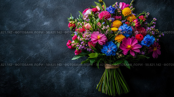 Bouquet of springtime blooms: a celebration of color and light, perfect for a fresh greeting card or cheerful print. Стоковое AI-изображение, AI-художник Данила Большаков / Фотобанк Лори