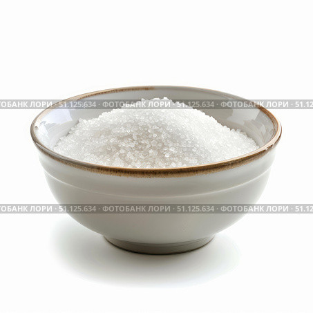 Bowl containing white granulated sugar on white background. Стоковое AI-изображение, AI-художник Иван Рябоконь / Фотобанк Лори