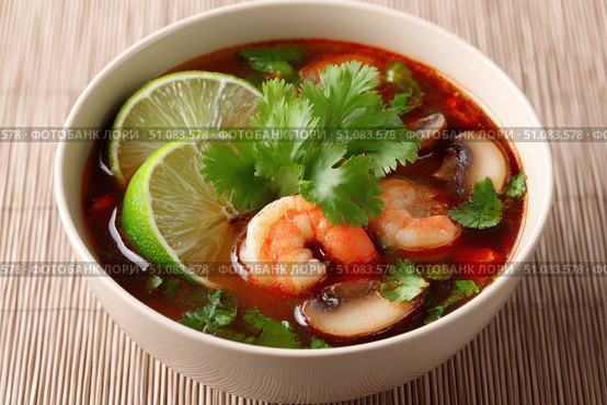 Bowl of Tom Yum Shrimp and Mushroom hot soup, garnished with fresh coriander leaves, herbs, lime slices, chili peppers. Beige table background, chopsticks pair. Traditional Thai Prawn Tom Yum Soup. Стоковое AI-изображение, AI-художник Марина Демидюк / Фотобанк Лори