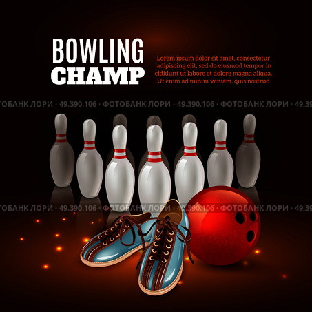 Bowling champ 3d composition from pins, red ball and shoes on dark background with sparks vector illustration. Bowling Champ 3D Illustration. Стоковая иллюстрация, агентство Ingram Publishing / Фотобанк Лори