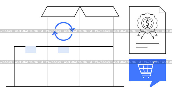 Boxes set for delivery, topped with return sign, next to checkout icon and quality certificate. Ideal for e-commerce, logistics, delivery services, online shopping, quality assurance, returns. Online Shopping and Delivery with Certified Quality and Easy Returns Concept. Стоковая иллюстрация, агентство Ingram Publishing / Фотобанк Лори