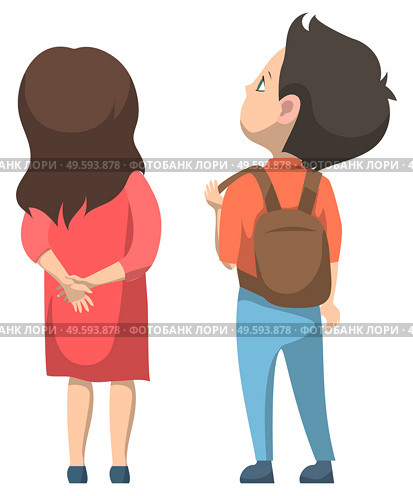 Boy and girl standing together. Schoolboy with backpack on back. Schoolgirl in red dress and long hair. Pupils isolated on white. Back to school concept, 1st September. Flat cartoon vector illustration. Girl and Boy Standing Together, Back to School. Стоковая иллюстрация, агентство Ingram Publishing / Фотобанк Лори