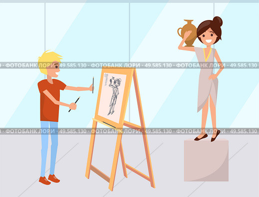 Boy drawing painting using palette vector, student with easel. Artist and model wearing antique greek clothes, woman standing with amphora. Classes in uni. Woman Posing to Painter Drawing Picture Vector. Стоковая иллюстрация, агентство Ingram Publishing / Фотобанк Лори
