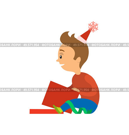 Boy unpacking Christmas presents during holidays. Child happy to open box with decoration tape. Surprise in giftbox, gift to kid from parents. Vector illustration in flat cartoon style. Boy Unpacking Christmas Presents During Holidays. Стоковая иллюстрация, агентство Ingram Publishing / Фотобанк Лори