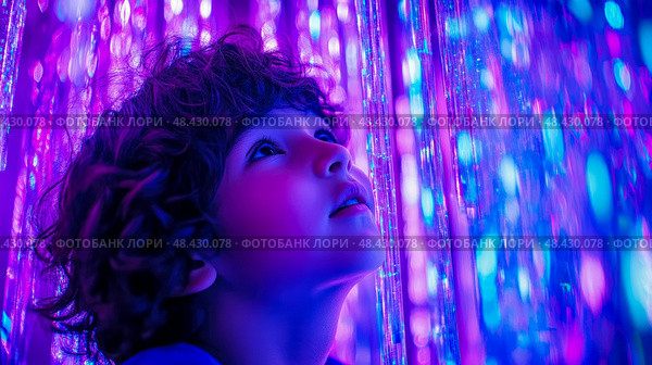 Boy's Wonder: A Child's Fascination with Sparkling Light Curtains. Стоковое AI-изображение, AI-художник Данила Большаков / Фотобанк Лори