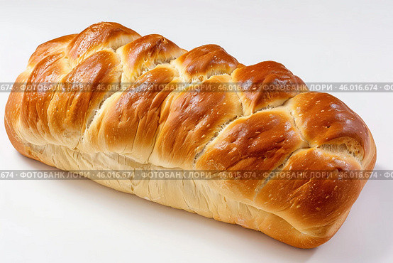 Braided challah bread loaf resting on white background. Стоковое AI-изображение, AI-художник Иван Рябоконь / Фотобанк Лори