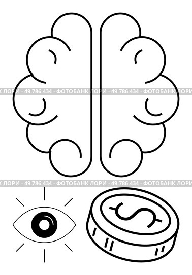 Brain in center with eye and coin underneath. Eye symbolizes vision, and coin represents financial gain. Ideal for business strategy, innovation, finance, entrepreneurship, vision, success. Brain with Eye and Money Coin Representing Ideas, Vision, and Financial Success. Стоковая иллюстрация, агентство Ingram Publishing / Фотобанк Лори