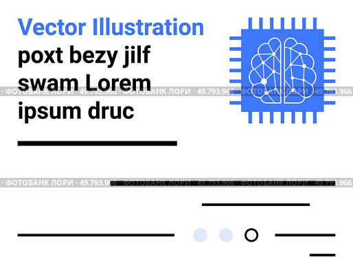 Brain surrounded by neural connections in a microchip design, blue color scheme, text boxes, lines, and dots. Ideal for AI, technology, neuroscience, innovation, data processing, digital interfaces. Abstract Brain Chip Concept with Text Placeholder and Connection Network. Стоковая иллюстрация, агентство Ingram Publishing / Фотобанк Лори