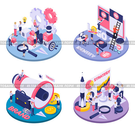 Brand identity as goals achieving strategy concept 4 circular isometric compositions logo creating collaboration symbols vector illustration. Стоковая иллюстрация, агентство Ingram Publishing / Фотобанк Лори