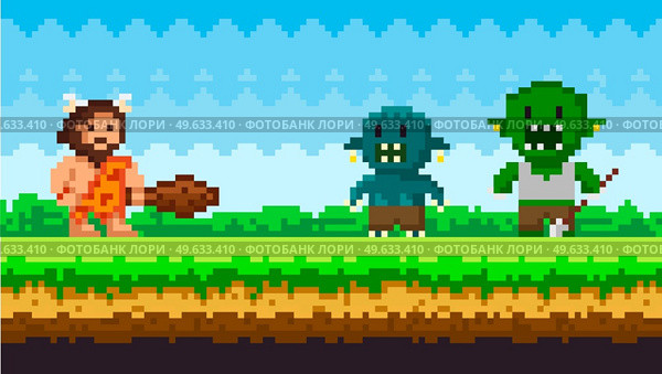 Brave caveman with baton fighting against green monsters. Zombie attacks human, apocalypse pixel scene. Pixel-game 8 bit retro. Nature landscape pixelated video-game. Primitive man defeats enemy. Brave caveman with baton fighting against monsters. Zombie attacks human, apocalypse pixel scene. Стоковая иллюстрация, агентство Ingram Publishing / Фотобанк Лори