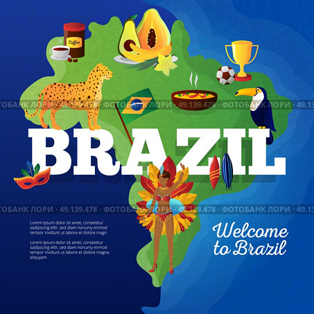 Brazil Travel Map Symbols Flat Poster . Brasil cultural symbols map for travelers flat poster with toucan bird and football cup trophy abstract vector illustration . Стоковая иллюстрация, агентство Ingram Publishing / Фотобанк Лори