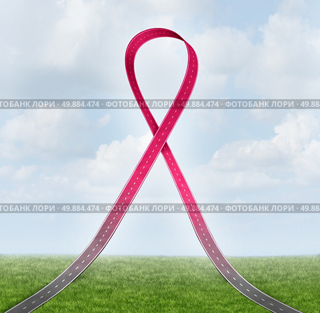 Breast cancer ribbon road concept as a health care symbol of the path of awareness hope and support for the survivors of the disease. Стоковое фото, агентство Ingram Publishing / Фотобанк Лори