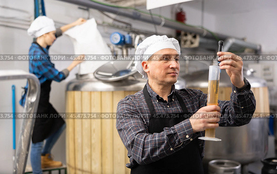 Brewmaster measuring beer density with digital hydrometer in brewery. Стоковое фото, фотограф Яков Филимонов / Фотобанк Лори