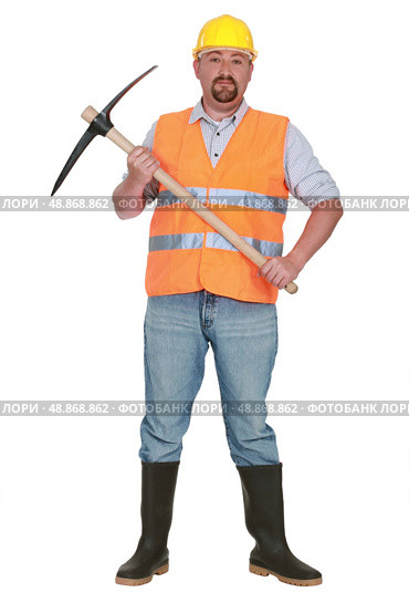 bricklayer holds pickaxe against studio background. Стоковое фото, агентство Ingram Publishing / Фотобанк Лори