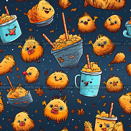 Bright colorful pattern with children's fast food on a blue background. Kawaii style. Стоковое AI-изображение, AI-художник Ярославский Максим / Фотобанк Лори