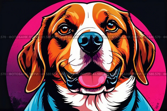 Bright drawing of dog, beagle, on T-shirt on dark background. Satirical, pop art style, vibrant colors, iconic characters, action-packed, suitable for mascot, logo or reproduce on canvas. AI. Стоковое AI-изображение, AI-художник Sergey Grishin / Фотобанк Лори
