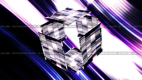 Bright glowing cube is decomposed into pieces and assembled in cyberspace. Стоковая иллюстрация, иллюстратор David Kashakhi / Фотобанк Лори