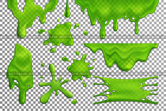 Bright green slime drips and blots set isolated on transparent background realistic vector illustration. Стоковая иллюстрация, агентство Ingram Publishing / Фотобанк Лори