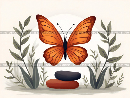 Bright orange bug with green leaves and two red rocks in calm nature scene for peace blogs. Стоковое AI-изображение, AI-художник Анна Сивакова / Фотобанк Лори
