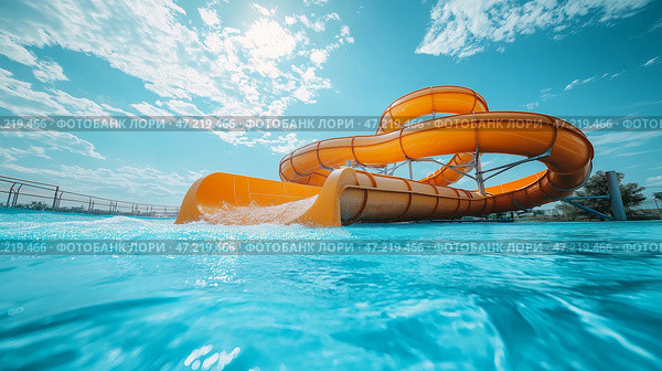 Bright yellow waterslide spirals down into refreshing blue pool at a lively water park on a sunny day. Ярко-желтая водная горка спускается по спирали в освежающий голубой бассейн в оживленном аквапарке в солнечный день. Стоковое AI-изображение, AI-художник Katsiaryna Repich / Фотобанк Лори