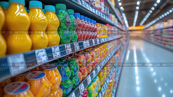 Brightly colored bottles of fruit-flavored beverages line a supermarket aisle, enticing shoppers with vibrant hues and refreshing options. Стоковое AI-изображение, AI-художник Данила Большаков / Фотобанк Лори