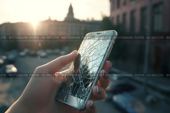 Broken phone hand city sunrise. Generate Ai. Стоковое AI-изображение, AI-художник Иван Рябоконь / Фотобанк Лори