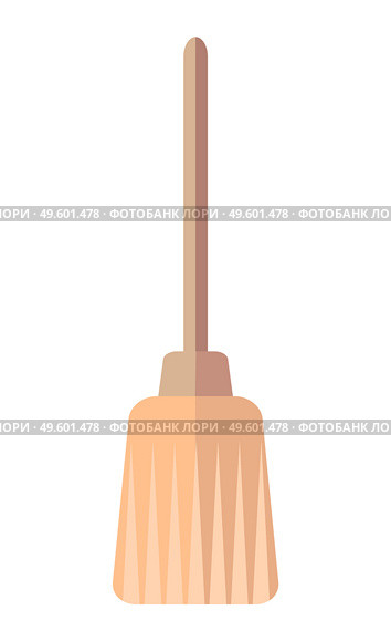 Broom, short brush of bound straw with brown plastic or wooden handle. Simple flat image home cleaning items isolated on white. Fleecy brush for home sweeping. Cleaning agent, mopping, sweeping. Cleaning brush for home, broom with plastic handle. To tidy the house, house cleaning, mopping. Стоковая иллюстрация, агентство Ingram Publishing / Фотобанк Лори