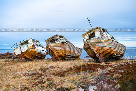 Брошенные рыболовные баркасы на берегу Белого моря. Стоковое фото, фотограф Анна Аникова / Фотобанк Лори