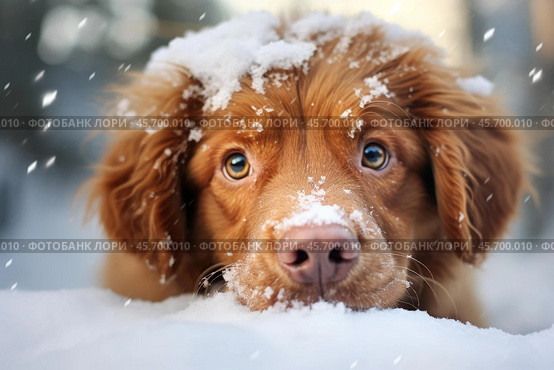 Brown dog lying on snow during snowfall. Стоковое AI-изображение, AI-художник Иван Рябоконь / Фотобанк Лори