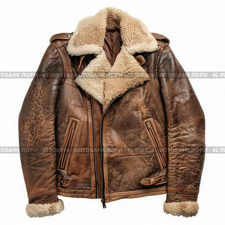 Brown leather aviator jacket with sheepskin fur collar isolated on white background. Стоковое AI-изображение, AI-художник Иван Рябоконь / Фотобанк Лори