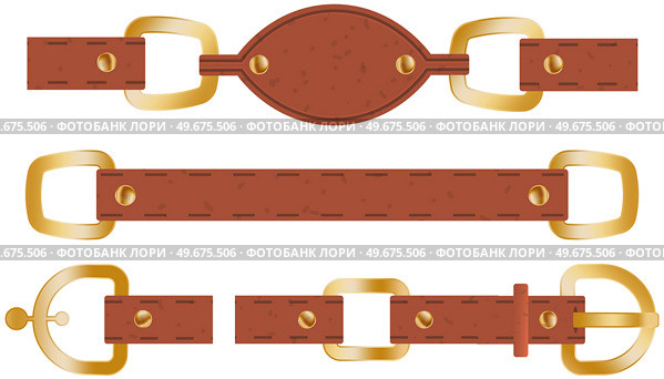 Brown leather belt set with buttoned steel buckle with metal rivet accessories isolated on white background. Vector fashion clothing accessory strong belt in cartoon flat style, unbuttoned strap. Brown leather belt set with buttoned steel buckle with metal rivet accessories isolated on white. Стоковая иллюстрация, агентство Ingram Publishing / Фотобанк Лори