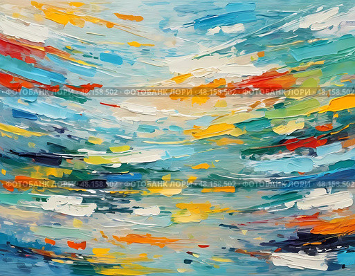 Brush strokes blend a myriad of colors, evoking a lively ocean scene. Waves dance with energy and warmth, reflecting the sunshine above in a celebration of nature's beauty Generative AI. Стоковое AI-изображение, AI-художник Юлия Петровская / Фотобанк Лори