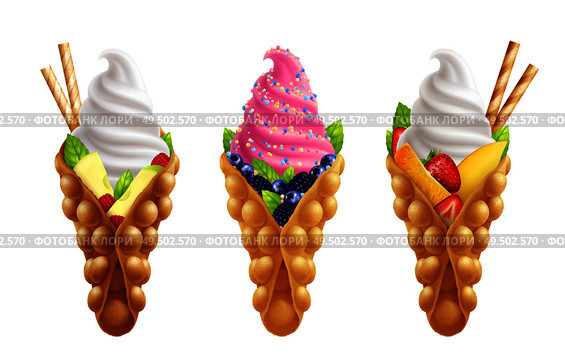 Bubble hong kong waffles with fruits realistic set of isolated ice-cream images with different toppings vector illustration. Стоковая иллюстрация, агентство Ingram Publishing / Фотобанк Лори