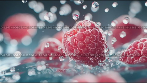 Bubbles surround fresh raspberries in a vibrant water setting. Стоковое AI-видео, аниматор Сергей Толмачёв / Фотобанк Лори