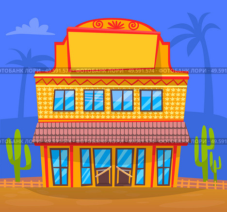 Building in traditional Texas style. Vector construction, facade exterior design illustration. Typical old timely architecture of southwestern America. Tavern or eatery for cowboys with cactuses near. Yellow Building in Town, Facade Exterior Design. Стоковая иллюстрация, агентство Ingram Publishing / Фотобанк Лори