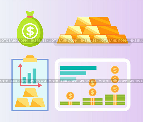 Bullion and money set, rising chart of finance, currency report, golden bricks, moneybag and dollar decoration, progress of income, marketing icons vector. Finance Icon, Dollar and Coin, Bullion Vector. Стоковая иллюстрация, агентство Ingram Publishing / Фотобанк Лори