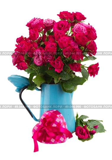 bunch  of mauve roses in blue pot  with heart gift box isolated on white background. bunch of  fresh mauve roses. Стоковое фото, агентство Ingram Publishing / Фотобанк Лори