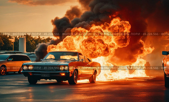 Burning car. Fire of a passenger car in a city parking lot. Fire in the engine compartment, short circuit in the wiring. Open fire and black smoke. Road incident. Gangster mafia wars, AI. Стоковое AI-изображение, AI-художник Sergey Grishin / Фотобанк Лори