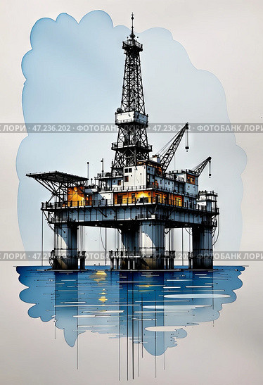 Буровая платформа для бурения скважин в море. Добыча нефти и газа на морском шельфе. Эскиз. Акварель. Drilling platform for drilling wells in the sea. Oil and gas production on the sea shelf. Sketch. Watercolor. Стоковое AI-изображение, AI-художник Гер Олег / Фотобанк Лори