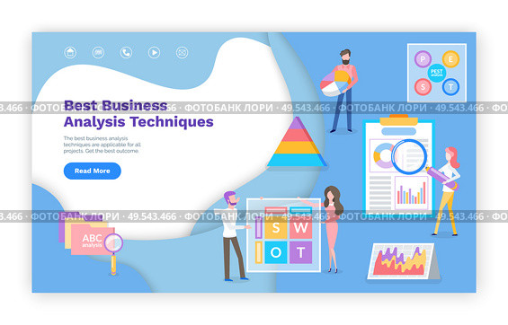 Business analysis techniques online web pages vector. Graphics and charts, success estimation and finance growth website template, landing page flat style. Business Analysis Techniques Online Web Pages. Стоковая иллюстрация, агентство Ingram Publishing / Фотобанк Лори