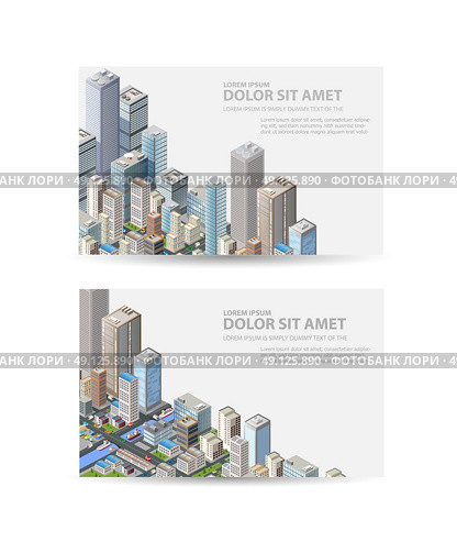 Business card of real estate agency or a travel portal with isometric city with buildings, offices and skyscrapers. Стоковая иллюстрация, агентство Ingram Publishing / Фотобанк Лори