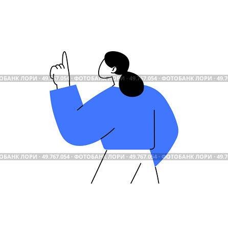 Business character pointing upward representing ideas, suggestions, guidance, and mentorship within corporate environments and business strategy visual materials.. Character pointing upward in blue attire symbolizing business idea, suggestion, and guidance. Стоковая иллюстрация, агентство Ingram Publishing / Фотобанк Лори