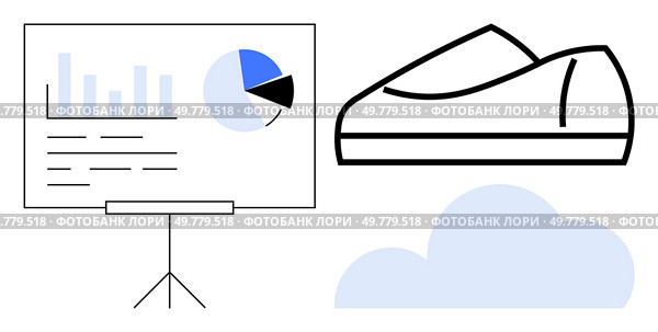 Business chart with line graph and pie chart on tripod stand, casual shoe outline, and cloud. Ideal for presentations, business, lifestyle, fashion, casual wear, market research, and infographics. Business Presentation Chart and Casual Shoe Over Cloud Representation in Minimalistic Style. Стоковая иллюстрация, агентство Ingram Publishing / Фотобанк Лори