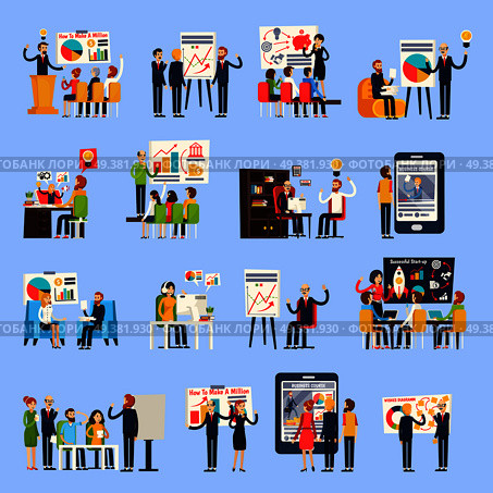 Business coaching orthogonal people during corporate trainings, personal mentoring, online courses isolated on blue background vector illustration. Business Coaching Orthogonal People. Стоковая иллюстрация, агентство Ingram Publishing / Фотобанк Лори