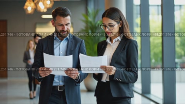 Business colleagues reviewing documents in modern office lobby, geometric lighting fixtures casting interesting shadows. Стоковое AI-видео, аниматор Sergey Grishin / Фотобанк Лори