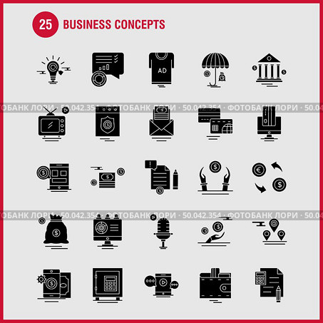 Business Concepts Solid Glyph Icons Set For Infographics, Mobile UX/UI Kit And Print Design. Include: Scale, Vector, Compass, Education, Monitor, Computer, Avatar, Share, Collection Modern Infographic Logo and Pictogram. - Vector. Стоковая иллюстрация, агентство Ingram Publishing / Фотобанк Лори